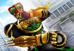  1boy armor batayan building commentary compound_eyes cowboy_shot day hand_up henshin_pose highres holding kamen_rider kamen_rider_ooo kamen_rider_ooo_(series) kamen_rider_ooo_(tatoba_combo) male_focus o_scanner outdoors solo tokusatsu 