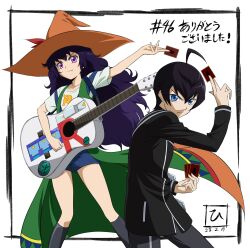  1boy 1girl absurdres ahoge black_hair black_jacket black_pants black_socks blue_eyes blue_overalls card closed_mouth coat dated green_coat guitar hat highres hiroki_(vvkagerouvvr2) holding holding_card holding_guitar holding_instrument instrument jacket kirishima_rovian kneehighs long_hair long_sleeves looking_at_viewer orange_hat overalls pants print_shirt purple_hair shirt short_hair short_sleeves sleeveless sleeveless_coat socks sougetsu_manabu standing v-shaped_eyebrows violet_eyes white_shirt yu-gi-oh! yu-gi-oh!_go_rush!! 