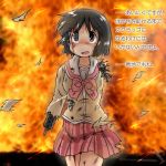  1girl black_hair blood broken_arm bullet_hole burnt cyborg damaged fire gaketsu glowing glowing_eye gun nichijou open_mouth parody robot school_uniform serafuku shinonome_nano short_hair skirt solo terminator translated weapon 