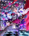  1girl :d artist_request audience blush crown dress drill_hair flower idolmaster idolmaster_cinderella_girls jpeg_artifacts kanzaki_ranko official_art open_mouth petals red_eyes rose rose_petals silver_hair skirt smile stage stage_lights thigh-highs 