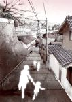  absurdres building child highres holding_hands house kaya_(nari1-24) original power_lines railing scenery silhouette stairs town tree 