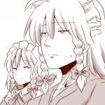  1boy 1girl alternate_hairstyle amazon_(taitaitaira) ascot bow braid choker closed_eyes frown hair_bow izayoi_sakuya maid_headdress monochrome morichika_rinnosuke no_glasses short_hair simple_background smile sweat tears touhou twin_braids white_background 