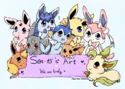  :3 acorn animal_focus artist_name blue_background blue_eyes blue_hair blue_sclera blush blush_stickers bow brown_eyes closed_mouth colored_sclera commentary eevee english_text espeon evolutionary_line fang flareon flying_sweatdrops forehead_jewel full_body glaceon green_eyes happy heart jolteon leafeon looking_at_viewer mew_mew_chikorita_moon no_humans one_eye_closed open_mouth pokemon pokemon_(creature) red_eyes ribbon signature simple_background sitting smile sylveon umbreon vaporeon 