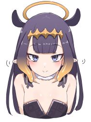  1girl bare_shoulders blush collarbone commentary cropped_torso dress ear_wiggle english_commentary flat_chest hair_flaps halo highres hololive hololive_english long_hair looking_at_viewer manab_(manab101) motion_lines ninomae_ina'nis ninomae_ina'nis_(1st_costume) pointy_ears purple_hair simple_background smile solo straight-on strapless strapless_dress tentacle_hair violet_eyes virtual_youtuber white_background 