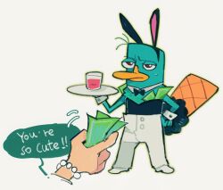  2boys animal_ears banknote drink fake_animal_ears head_out_of_frame heinz_doofenshmirtz highres male_playboy_bunny money multiple_boys nontraditional_playboy_bunny perry_the_platypus phineas_and_ferb platypus playboy_bunny reynarabi tray 