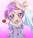  1girl blush cure_sword dokidoki!_precure dress eyelashes gradient gradient_background hair_tussle happy heart highres kenzaki_makoto looking_at_viewer magical_girl open_mouth precure purple_dress purple_hair short_hair smile solo violet_eyes watosonshi younger 