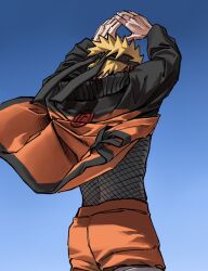  1boy black_jacket blonde_hair dnsdh fishnet_top fishnets forehead_protector headband highres jacket male_focus messy_hair naruto_(series) naruto_shippuuden open_clothes open_jacket orange_jacket orange_pants outdoors pants solo spiky_hair uzumaki_naruto uzumaki_symbol 