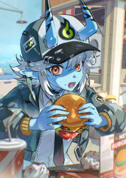  1girl absurdres baseball_cap black_necktie blue_horns blue_oni blue_skin burger colored_skin cup disposable_cup drinking_straw fast_food food hair_between_eyes hat highres holding holding_burger holding_food horns horns_through_headwear jacket long_sleeves looking_at_viewer multicolored_horns necktie oni open_clothes open_jacket open_mouth orange_eyes pointy_ears shirt short_hair skin-covered_horns solo soukaku_(zenless_zone_zero) tanjwi two-tone_horns white_hair white_shirt zenless_zone_zero 
