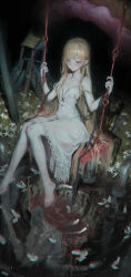  1girl absurdres blonde_hair doughnut dress flower food grass highres kiss-shot_acerola-orion_heart-under-blade kizumonogatari long_hair looking_at_viewer monogatari_(series) oshino_shinobu petals puddle red_eyes reflection sitting slide suikagcy swing very_long_hair white_dress white_flower 