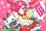  1girl alternate_costume bare_shoulders bell bell_collar breasts christmas cleavage collar engrish gloves large_breasts league_of_legends lips pink_hair ranguage reindeer_antlers short_hair signature solo trombe vi_(league_of_legends) violet_eyes 