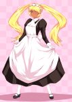  1girl blonde_hair blue_eyes dark_skin donson glasses gloves highres maid maid_headdress original pantyhose solo twintails wink 