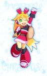  1girl ;) belt blonde_hair boots call_(mighty_no._9) call_(natsume_yuuji) choker christmas gradient_hair green_eyes headphones heart highres knee_boots long_hair merry_christmas mighty_no._9 multicolored_hair ponytail robot sack santa_costume shoutaro_saito solo very_long_hair wink 