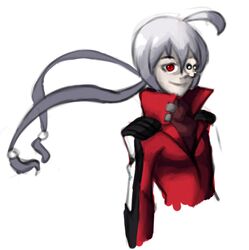  1girl alternate_color bust eyepatch fearless_night long_hair poco_muerte red_eyes shining_dazzler shoulder_pads silver_hair skull white_background 