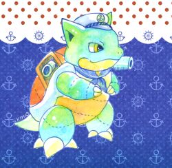  anchor_symbol blastoise blue_background claws closed_mouth full_body greenaokimi hat no_humans painting_(medium) pokemon pokemon_(creature) solo traditional_media watercolor_(medium) white_hat 