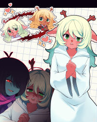  1girl 1other absurdres antlers black_hair blonde_hair blue_skin colored_skin commentary deer_antlers deer_girl deltarune furry furry_female green_eyes heart highres hooded_robe horns kris_(deltarune) nemusgwarota noelle_holiday red_eyes robe short_hair thorn_ring_(deltarune) utdr_(toby_fox) weird_route_(deltarune) white_robe 