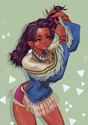  1girl 7lgr1ju19b34685 adjusting_hair brown_eyes brown_hair dark-skinned_female dark_skin earrings jewelry lily_hawk oversized_clothes oversized_shirt shirt short_shorts shorts solo street_fighter street_fighter_6 