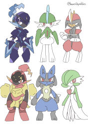  1boy 1girl 4others :< :/ absurdres animal_ears arm_blade armarouge arms_at_sides artist_name bisharp black_fur black_skin blue_fur blue_hair blue_skin bob_cut body_fur boroibyakko bright_pupils ceruledge chibi chibi_only closed_mouth colored_skin commentary eye_trail fiery_hair flat_chest flat_color full_body furry gallade gardevoir green_hair green_skin hair_over_one_eye hands_up happy helmet high_ponytail highres light_trail looking_afar looking_at_viewer looking_to_the_side lucario mohawk multicolored_fur multicolored_hair multicolored_skin multiple_others no_feet no_mouth one_eye_covered pokemon pokemon_(creature) ponytail purple_helmet red_eyes red_hair red_helmet red_skin short_hair sideways_glance sideways_mouth signature simple_background sketch smile standing twitter_username two-tone_hair two-tone_skin weapon white_background white_pupils white_skin wolf_ears yellow_fur yellow_pupils yellow_skin 