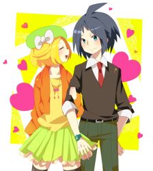 144love_(metamo_n) 1boy 1girl ahoge alternate_costume bianca_(pokemon) black_hair blonde_hair blue_eyes blush cheren_(pokemon) closed_eyes couple cowboy_shot green_hat green_skirt hat heart hetero holding_another's_arm looking_at_another necktie pokemon pokemon_black_2_and_white_2 red_necktie skirt smile sweater_vest 