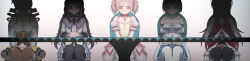 5girls absurdres akemi_homura akemi_homura_(magical_girl) bare_shoulders black_hair blonde_hair blue_eyes blue_hair bow corset drill_hair gloves hair_ornament hair_ribbon hairband highres holy_quintet kaname_madoka kaname_madoka_(magical_girl) long_hair magical_girl mahou_shoujo_madoka_magica mahou_shoujo_madoka_magica:_hangyaku_no_monogatari miki_sayaka miki_sayaka_(magical_girl) multiple_girls obscured own_hands_together pantyhose pink_hair purple_eyes red_hair ribbon sakura_kyoko sakura_kyoko_(magical_girl) short_hair sitting skirt smile soul_gem_(madoka_magica) striped_clothes striped_thighhighs thighhighs tomoe_mami tomoe_mami_(magical_girl) twin_drills twintails vertical-striped_clothes vertical-striped_thighhighs wide_image yola