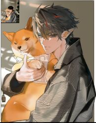  1boy animal arknights arknights:_endfield blue_eyes blue_hair camille_(arknights) charismaing closed_mouth dog highres holding holding_animal holding_dog long_sleeves looking_at_viewer male_focus photo_inset pointy_ears solo vampire 