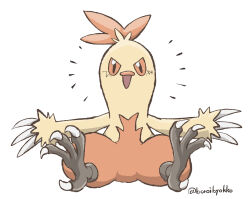  1other absurdres animal_feet animal_hands artist_name bird_legs black_eyes body_fur boroibyakko claws colored_sclera combusken commentary full_body furry highres looking_at_viewer notice_lines open_mouth orange_fur orange_sclera other_focus pokemon pokemon_(creature) signature simple_background sitting solo spread_legs straight-on twitter_username two-tone_fur white_background yellow_fur 