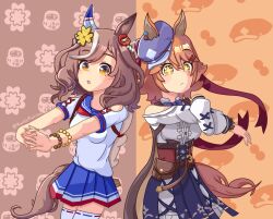  +_+ absurdres animal_ears brown_eyes brown_hair brown_tail cosplay costume_switch daruma_doll ear_covers hair_ribbon highres horse_ears horse_girl horse_tail mambomachitan matikanefukukitaru_(rising_fortune)_(umamusume) matikanefukukitaru_(umamusume) matikanefukukitaru_(umamusume)_(cosplay) matikanetannhauser_(clippety-tippety-clop)_(umamusume) matikanetannhauser_(umamusume) matikanetannhauser_(umamusume)_(cosplay) orange_tail ribbon single_ear_cover tail umamusume yellow_eyes 