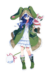  1girl absurdres animal_hood blue_eyes blue_hair boots breasts chinese_commentary coat commentary_request date_a_live dress feishi full_body green_boots green_coat green_hoodie hair_between_eyes hand_puppet highres himekawa_yoshino himekawa_yoshino_(spirit) hood hood_up hoodie looking_at_viewer petite puppet rabbit_hood rabbit_puppet simple_background small_breasts solo wavy_hair white_background white_dress yoshinon 