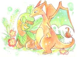  black_eyes charizard claws closed_eyes closed_mouth fire flame-tipped_tail flower full_body greenaokimi hibiscus no_humans painting_(medium) pokemon pokemon_(creature) standing tail traditional_media tropius watercolor_(medium) white_background 