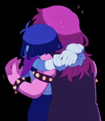  1girl 1other ? ?? armlet black_background blue_hair blue_skin bracelet colored_skin commentary deltarune hug jewelry kris_(dark_world)_(deltarune) kris_(deltarune) purple_hair purple_skin spiked_armlet spiked_bracelet spikes susie_(dark_world)_(deltarune) susie_(deltarune) utdr_(toby_fox) yamame_0807 