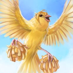  ahoge animal animal_focus animal_with_hair animalization bird blonde_hair day full_body highres hold111 holding holding_pom_poms ibuki_tsubasa idolmaster idolmaster_million_live! no_humans open_mouth outdoors pom_pom_(cheerleading) solo yellow_bird 