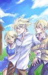  1girl 2boys blazblue blonde_hair blush brother_and_sister brothers dress green_eyes grin iyo_(ichi_yo) jin_kisaragi long_hair multiple_boys open_mouth ragna_the_bloodedge saya_(blazblue) siblings smile 