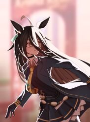  ahoge belt black_belt black_choker black_hair black_skirt black_vest choker collared_shirt hem_peeking_out highres hyaku_(yaisaka) long_hair manhattan_cafe_(umamusume) multicolored_hair necktie pleated_skirt shirt skirt umamusume very_long_hair vest white_hair white_shirt yellow_necktie 