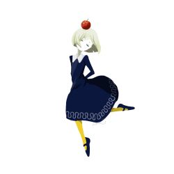  1girl apple apple_on_head arms_behind_back artist_name blue_dress blue_eyeshadow blue_shoes bob_cut closed_eyes collared_dress commentary dress eyeshadow facing_viewer floating floating_clothes food food_on_head foot_up_heel_up fruit fruit_on_head full_body grey_hair head_tilt highres makeup mary_janes nona_drops object_on_head original pantyhose parted_bangs plantar_flexion shoes short_hair simple_background solo turning_head untranslatable_commentary white_background yellow_pantyhose 