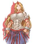  1girl abs blonde_hair breasts chain highres horn hoshiguma_yuugi large_breasts long_hair looking_at_viewer muscle nameo_(judgemasterkou) red_eyes shackle shirt skirt smirk solo touhou very_long_hair 