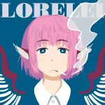  1girl animal_ears blue_background blue_eyes character_name cigarette maru8_a_go_go mystia_lorelei no_hat no_headwear pink_hair shirt short_hair simple_background smoke smoking solo touhou wings 