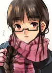  1girl blush braid brown_hair character_name coat eyebrows glasses original payot rand_(artist) red_eyes scarf semi-rimless_glasses side_braid smile solo thick_eyebrows translation_request under-rim_glasses 