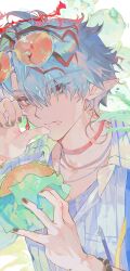  1boy arknights arknights:_endfield black_nails blue_eyes blue_hair burger camille_(arknights) chanbackpo closed_mouth crumbs food halo highres holding holding_burger holding_food looking_at_another looking_at_viewer male_focus multicolored_hair neck_tattoo pointy_ears red_halo red_streaks solo streaked_hair tattoo vampire 