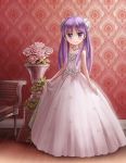  1girl blue_eyes dress flower highres hiiragi_kagami long_hair lucky_star purple_hair standing sunimu twintails vase 