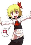  1girl ? blonde_hair bow fang hair_bow hair_ribbon midori_niku open_mouth outstretched_arms red_eyes ribbon rumia shirt short_hair skirt skirt_pull smile solo touhou vest 