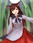  1girl animal_ears bamboo bamboo_forest brown_hair dress forest full_moon highres imaizumi_kagerou long_hair moon nature night red_eyes shone touhou wolf_ears 