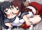  2girls agano_(kantai_collection) all_fours arm_support bare_shoulders black_hair blush braid breast_press breasts brown_hair cheek-to-cheek from_above gloves green_eyes highres kantai_collection large_breasts long_hair looking_at_viewer looking_up multiple_girls noshiro_(kantai_collection) open_mouth personification pleated_skirt school_uniform serafuku sitting skirt smile twin_braids white_gloves zyaan 