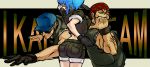  1girl 2boys ass back bandana baseball_cap black_gloves blue_eyes blue_hair clark_still earrings gloves hat jewelry king_of_fighters leona_heidern multiple_boys muscle ralf_jones shorts single_glove sleeves_rolled_up sunglasses tactical_clothes veins youken 