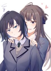  2girls absurdres black_hair blazer blue_ribbon blush braid brown_hair brown_sweater commentary grey_eyes grey_jacket hair_ribbon half_up_braid hands_on_another's_shoulders heart highres jacket long_hair medium_hair miemie_1016 miyagi_shiori multiple_girls one_eye_closed ribbon school_uniform sendai_hazuki shirt shuuniichido_classmate_wo_kau_hanashi simple_background squiggle sweater upper_body violet_eyes white_background white_shirt yuri 