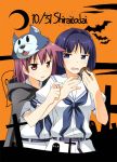  2girls bat belt blue_eyes blue_hair cookie dated english food graveyard halloween halloween_costume hirose_sumire long_hair mask miyanaga_teru multiple_girls neckerchief open_mouth reaching red_eyes redhead saki school_uniform serafuku short_hair standing umekichi 