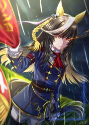 1girl absurdres ahoge animal_ears ascot asymmetrical_jacket black_hair black_pantyhose blue_jacket blunt_bangs breasts buttons calstone_light_o_(one_true_path)_(umamusume) calstone_light_o_(umamusume) double-breasted ear_covers eye_trail gentiano815 gloves glowing glowing_eyes highres hime_cut horse_ears horse_girl horse_tail jacket light_trail long_hair long_sleeves looking_at_viewer multicolored_hair outdoors pantyhose pantyhose_under_shorts rain red_ascot shorts small_breasts solo striped_hair tail umamusume white_gloves white_hair white_shorts yellow_eyes 