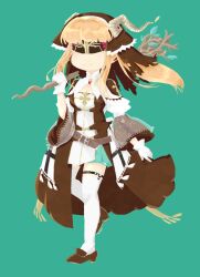  1girl arch_bishop_(ragnarok_online) belt blindfold blonde_hair blue_background blue_shorts breasts brown_belt brown_coif brown_dress brown_shoes closed_mouth commentary_request cross dress full_body gloves grey_horns highres holding holding_staff horns long_hair medium_breasts ok0930 ragnarok_online shoes shorts shorts_under_dress sidelocks simple_background smile solo staff standing standing_on_one_leg thigh-highs two-tone_dress white_dress white_gloves white_thighhighs 
