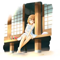  1girl bare_shoulders barefoot blush brown_hair closed_eyes dress food fruit hair_ornament hairclip highres nitta_hiroto short_hair sitting sleeping solo watermelon 