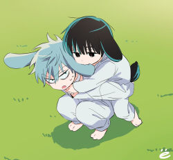  2boys aged_down alien_stage animal_ears barefoot biting biting_ear black_eyes black_hair carrying commentary_request floppy_ears grass green_eyes grey_hair highres ivan_(alien_stage) kyokutsuki male_focus multiple_boys pants piggyback rabbit_boy rabbit_ears shirt sweat till_(alien_stage) white_pants white_shirt 