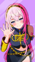  1girl against_fourth_wall arm_warmers black_shirt black_skirt blue_eyes blush breasts brown_hairband closed_mouth commentary_request cowboy_shot cropped_shirt double-parted_bangs hair_between_eyes hairband highres long_hair looking_at_viewer medium_breasts megurine_luka midriff navel pink_hair purple_background shirt simple_background skirt sleeveless sleeveless_shirt smile solo uzuki_sena vocaloid 