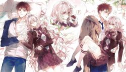  1girl argyle_clothes argyle_sweater bed bedroom black_jacket blue_necktie blush breasts brown_jacket brown_vest carrying carrying_person closed_eyes dreaming emiya_shirou fate/stay_night fate_(series) flower highres jacket long_hair long_sleeves necktie oc_x_canon on_bed open_clothes open_jacket orange_hair original pants pillow plaid_clothes plaid_skirt red_eyes school_uniform shirt skirt sleeping socks speech_bubble suzumiya_toru_(gaoyue_jixiang) sweater thought_bubble very_long_hair vest white_background white_flower white_hair white_jacket white_shirt zzz 